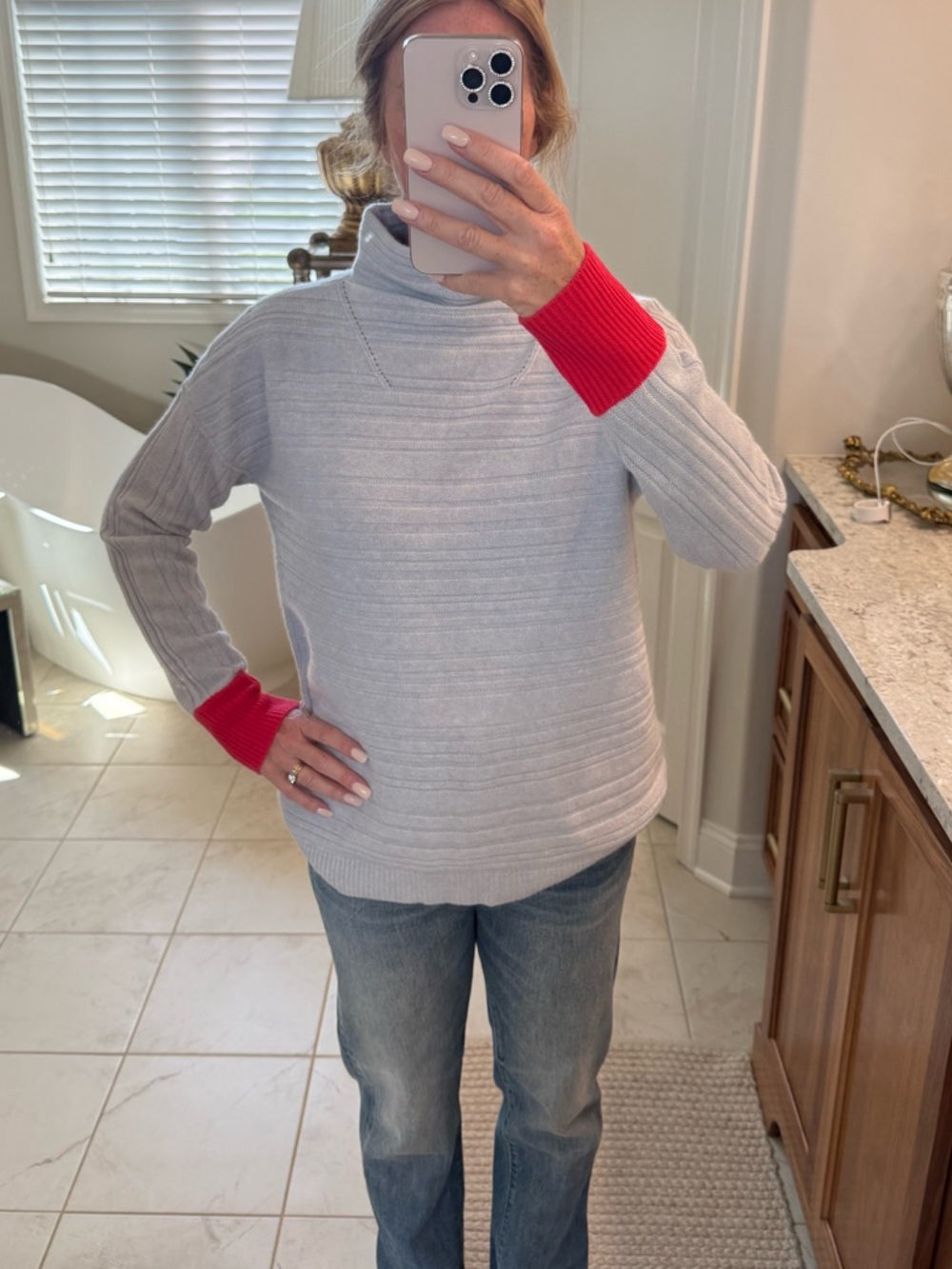 Duffy 100% Cashmere Gray Mock Neck Sweater Coral Cuffs Size M